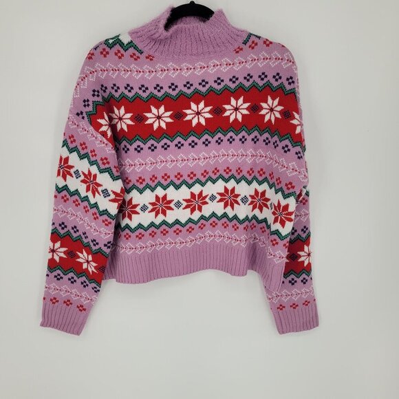 33 degrees womens Medium Pink red fair isle super soft cropped mock neck sweater - Picture 9 of 9